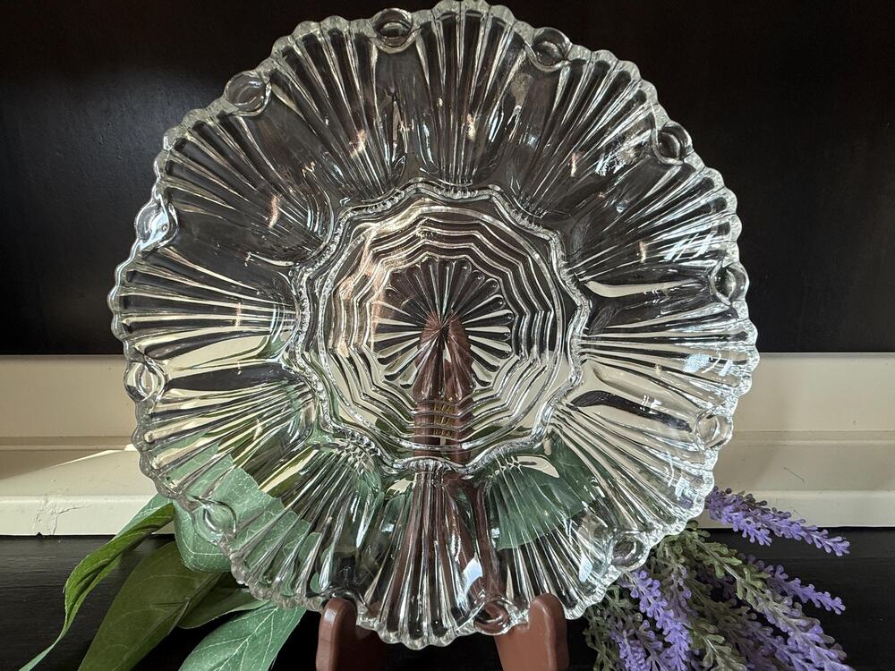 Anchor Hocking Wave Fan Glass Deviled Egg Platter, Mid-Century Serving Dish